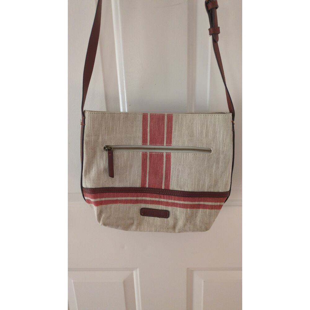Lucky Brand Fabric Purse with Adjustable Leather Strap, Cream and Coral, ZIpper - Picture 2 of 12